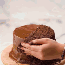 a person is spreading chocolate crumbs on a cake