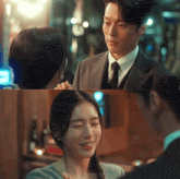 a man in a suit and tie looks at a woman in a braided ponytail