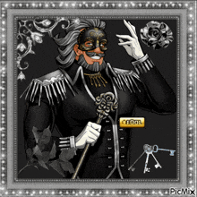 a picture of a man wearing a mask and holding a cane has a fool button on it