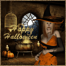 a woman in a witch costume is standing in front of a cauldron with the words happy halloween written on it