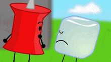 a cartoon drawing of a red pin and a white cube with a sad face