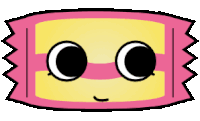 a cartoon drawing of a pink and yellow candy with a face .