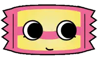 a cartoon drawing of a pink and yellow candy with a face .