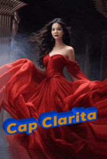 a woman in a long red dress with cap clarita written on it