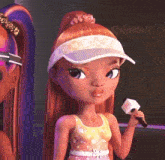 a rainbow high doll is holding a microphone and wearing a hat .