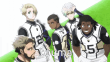 a group of soccer players standing next to each other with the word touma on the bottom right
