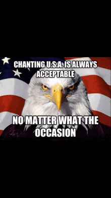 a bald eagle in front of an american flag with the caption " chanting usa is always acceptable "