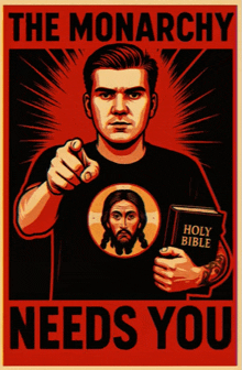 a poster shows a man holding a holy bible pointing at the reader