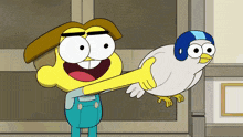 a cartoon character holding a white bird with a blue helmet on