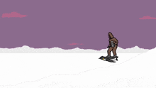a cartoon drawing of a man standing next to a penguin with a purple sky behind him
