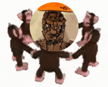 a group of monkeys are holding hands in a circle with a monkey wearing an orange hat with the number 8 on it