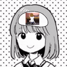 a cartoon girl with a picture of a girl sitting at a desk in her head .