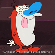 a cartoon character says " waiting for my new boss to give me directions " on the bottom