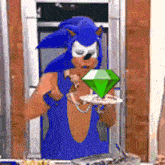a person dressed as sonic the hedgehog is holding a green diamond