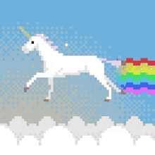 a pixel art of a unicorn with a rainbow tail flying through the air