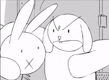 a black and white drawing of an angry rabbit