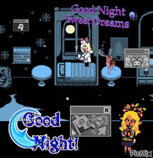 a pixel art of a room with the words good night sweet dreams