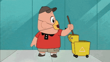 a cartoon character wearing a mask and holding a mop next to a yellow bucket