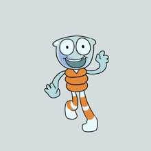 a cartoon character with a blue head and orange striped legs