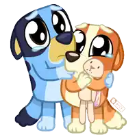 a cartoon of a dog hugging another dog with the letters b on the bottom right
