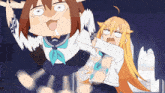 a cartoon of a girl in a sailor uniform holding another girl
