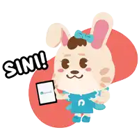 a cartoon of a rabbit holding a tablet that says " sim " on it