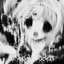 a black and white image of a girl with big eyes and a skull on her head .
