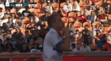 a man is singing into a microphone in front of a crowd at a stadium