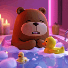 a teddy bear is sitting in a bathtub with a rubber duck