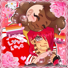 a couple of cartoon characters are hugging each other with the word love on their sweater