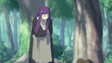 a girl with purple hair is standing in the woods