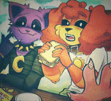 a cartoon drawing of a raccoon eating a sandwich with two other animals