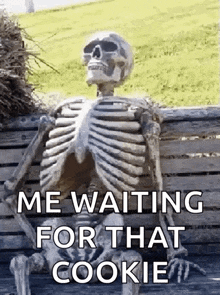 a skeleton is sitting on a bench with the words `` me waiting for that cookie ''