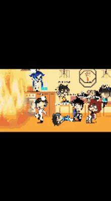a group of kids are playing a video game with a fire coming out of the corner