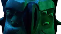 a blue and green mask with glowing eyes
