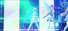 a group of anime characters are dancing on a stage