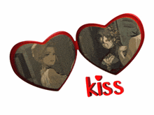 two red hearts with a picture of two women and the word kiss
