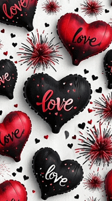 red and black heart shaped balloons that say love