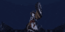 a woman in a red and white dress is holding a sword in the dark
