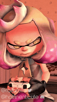 a pink and white cartoon character holding a game controller with the twitter handle @rollbrella