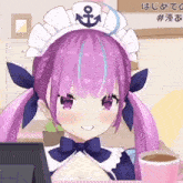 a girl with purple hair and a maid outfit is sitting at a desk with a cup of coffee .