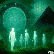 a group of glowing figures are standing in front of a portal with pixiz written in the bottom right corner