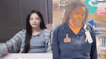 a woman in a striped shirt is next to a woman in a blue jacket with a name tag that says pca