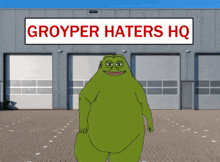 a cartoon frog is standing in front of a building with a sign that says groyper haters hq
