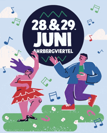 a man and woman are dancing in front of a sign that says 28. & 29. juni