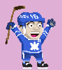 a pixel art drawing of a hockey player wearing a blue jersey