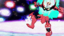 a cartoon drawing of a red robot with a green head