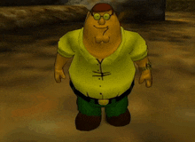 a cartoon character with a yellow shirt and green pants has a cross on his chest