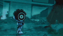 a cartoon character with a gear on his head