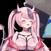a cute anime girl with pink hair and horns is smiling and wearing a choker .